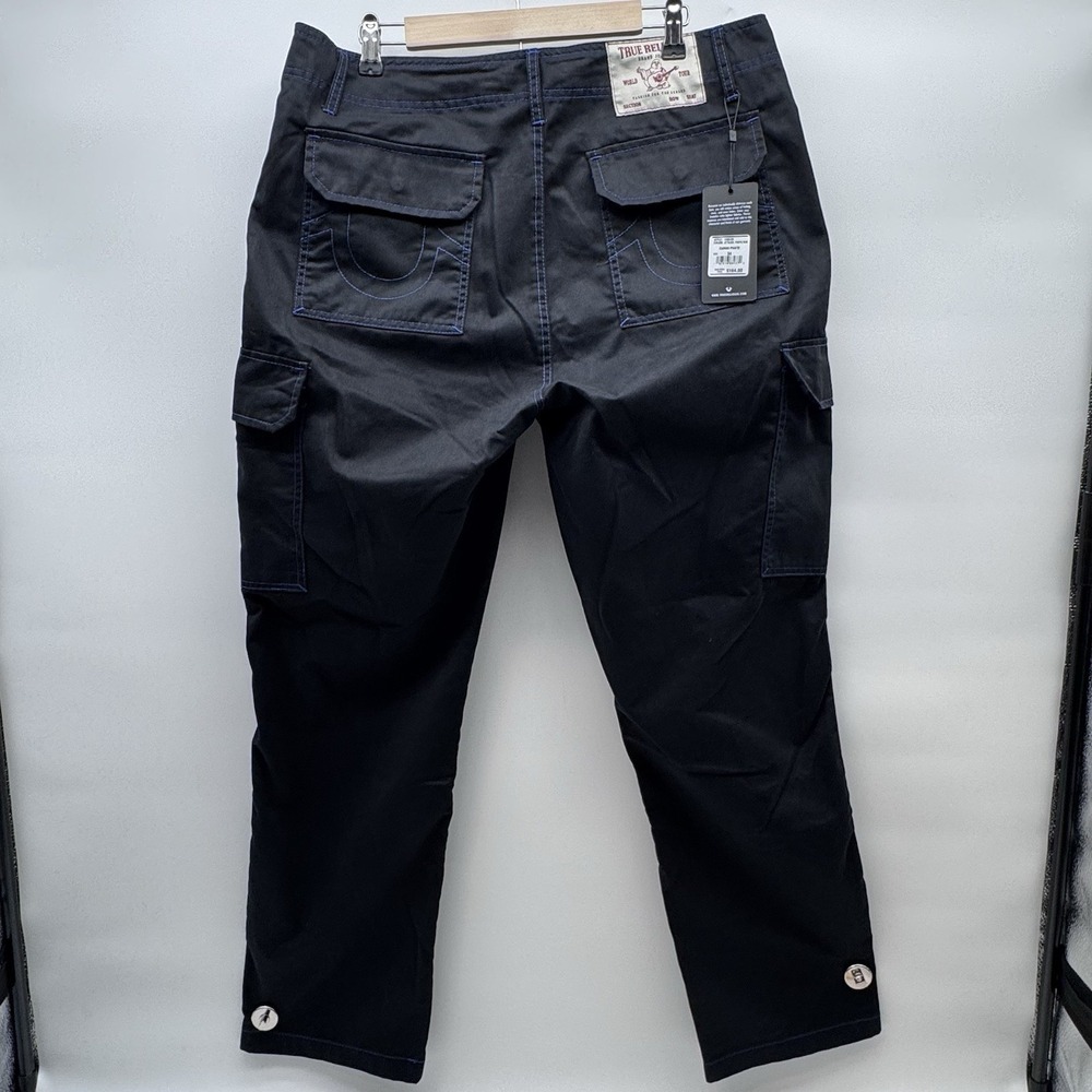 True Religion Men Cargo Pants Jet Black/Pacific Blue Size 34